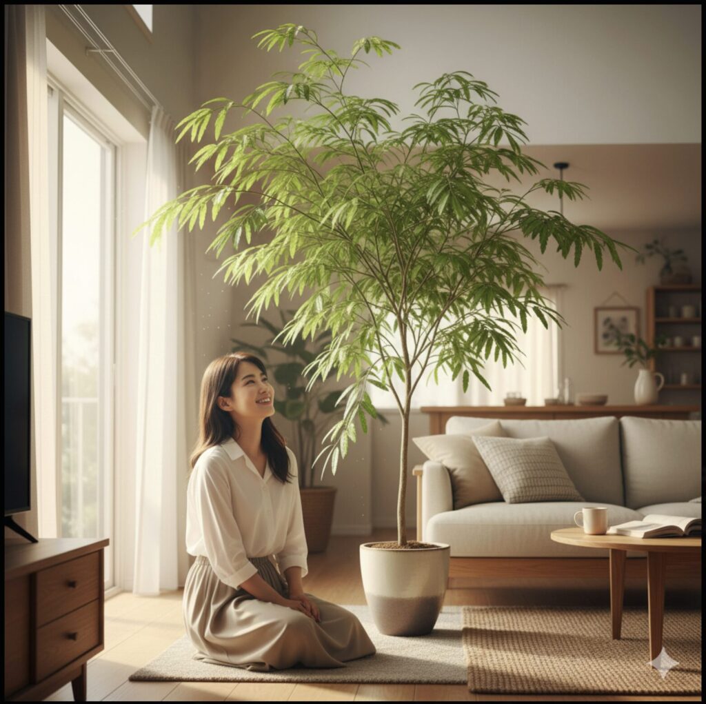明るいリビングで、美しい樹形のエバーフレッシュの隣に座り、笑顔で植物を見上げる日本人女性。エバーフレッシュの繊細な葉とスタイリッシュな幹が、洗練されたインテリアによく馴染んでいる。