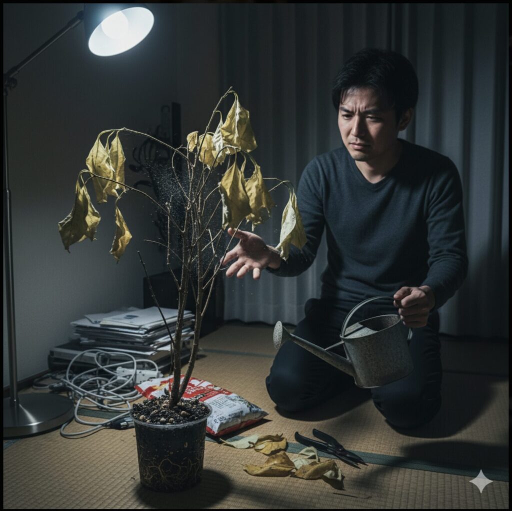 枯れかけたエバーフレッシュの鉢植えを前に、困惑した表情でジョウロを持つ日本人男性。散らかった室内と暗い照明が、植物の不健康な状態を際立たせている。
