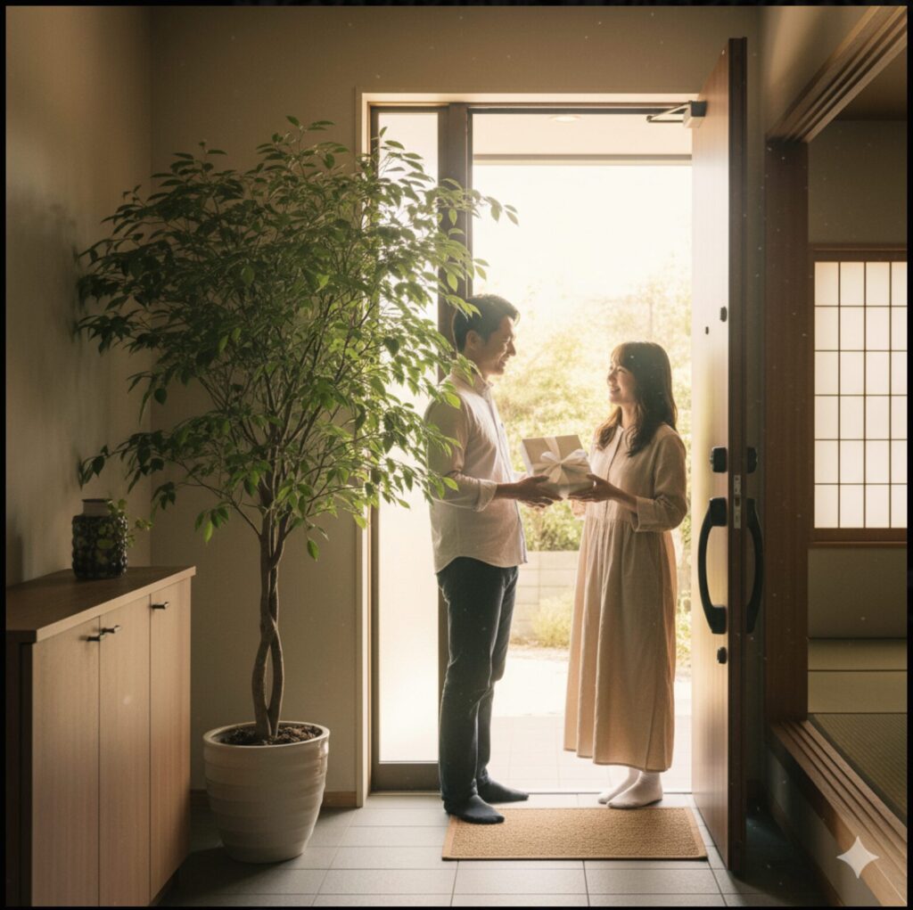 玄関に置かれたエバーフレッシュの隣で、笑顔で贈り物を受け渡しする日本人夫婦。明るい光が差し込む玄関は、植物の縁起の良さを象徴している。