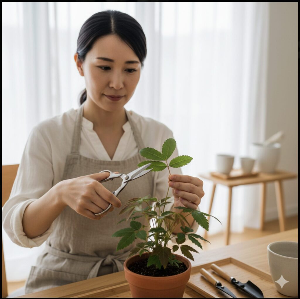 明るい室内で、エバーフレッシュの大きな葉を剪定している日本人女性。エプロンを着用し、真剣な表情でハサミを使い、植物のバランスを整えている。