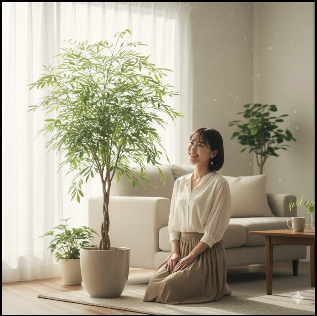 自宅で大人気な観葉植物のエバーフレッシュを購入して持ってきた日本人女性