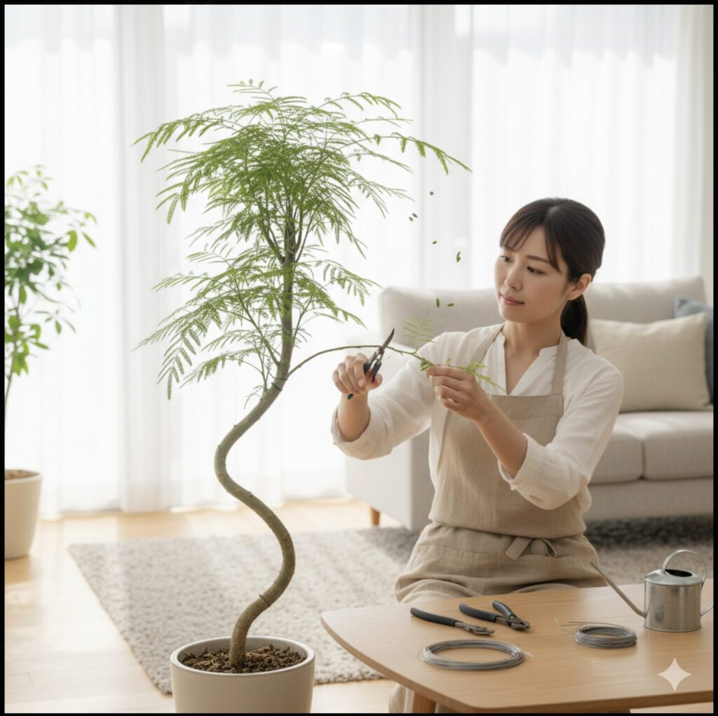 かっこいい観葉植物のエバーフレッシュを手入れしようと試みる日本人女性