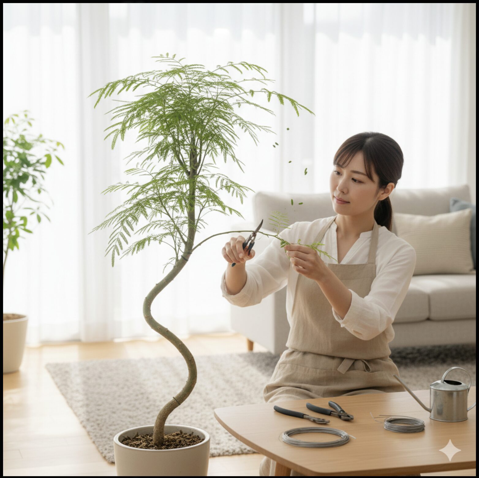 かっこいい観葉植物のエバーフレッシュを手入れしようと試みる日本人女性