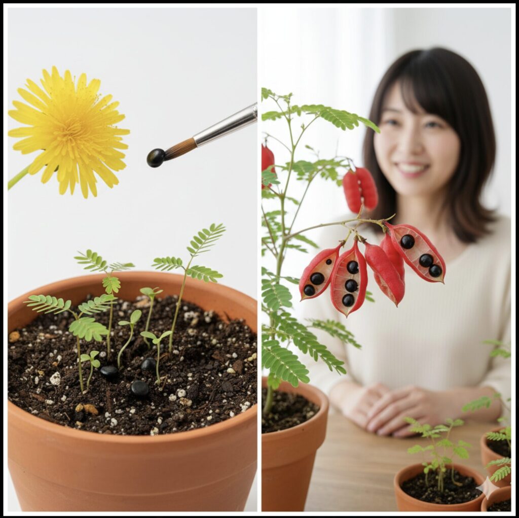 エバーフレッシュの成長サイクルを示す2分割の画像。左側には黄色い花と種子、土から芽生えたばかりの若葉が並び、右側には赤く裂けた莢から黒い種子が覗くエバーフレッシュと、それを見守る日本人の女性が写っている。