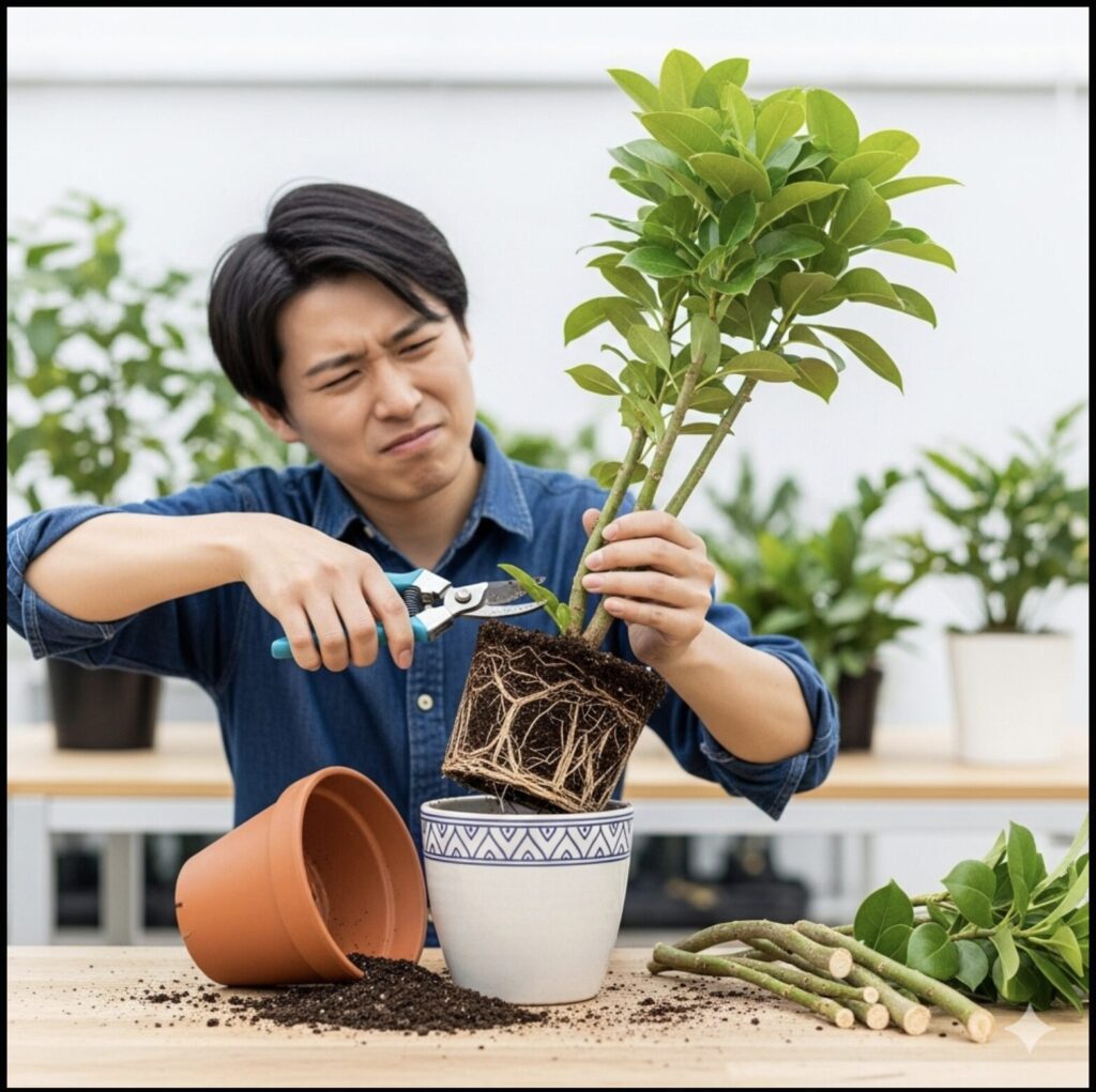 エバーフレッシュに大きな負担をかける、植え替えと剪定を同時に行っている避けるべき行為のイメージ。