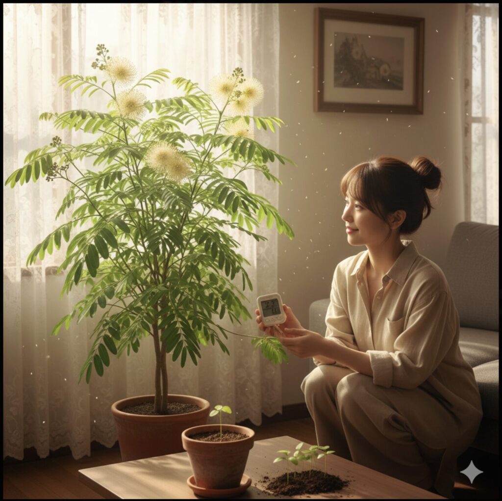 日本人の若い女性が、花が咲いたエバーフレッシュの鉢植えの横で、温湿度計を持ちながら穏やかに微笑んでいる。手前には小さな芽が出た鉢がいくつかあり、全体的に柔らかな日差しが差し込む室内で植物が健康的に育っている様子がうかがえる。