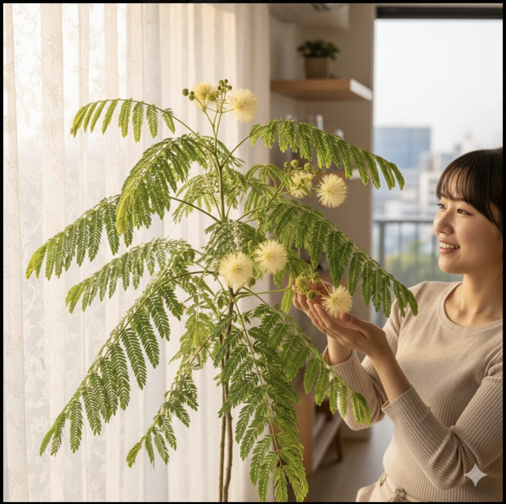 窓からの柔らかな日差しが差し込むリビングで、日本人の若い女性が、可愛らしいクリームイエローの花をたくさん咲かせたエバーフレッシュの鉢植えを優しく見つめ、微笑んでいる。