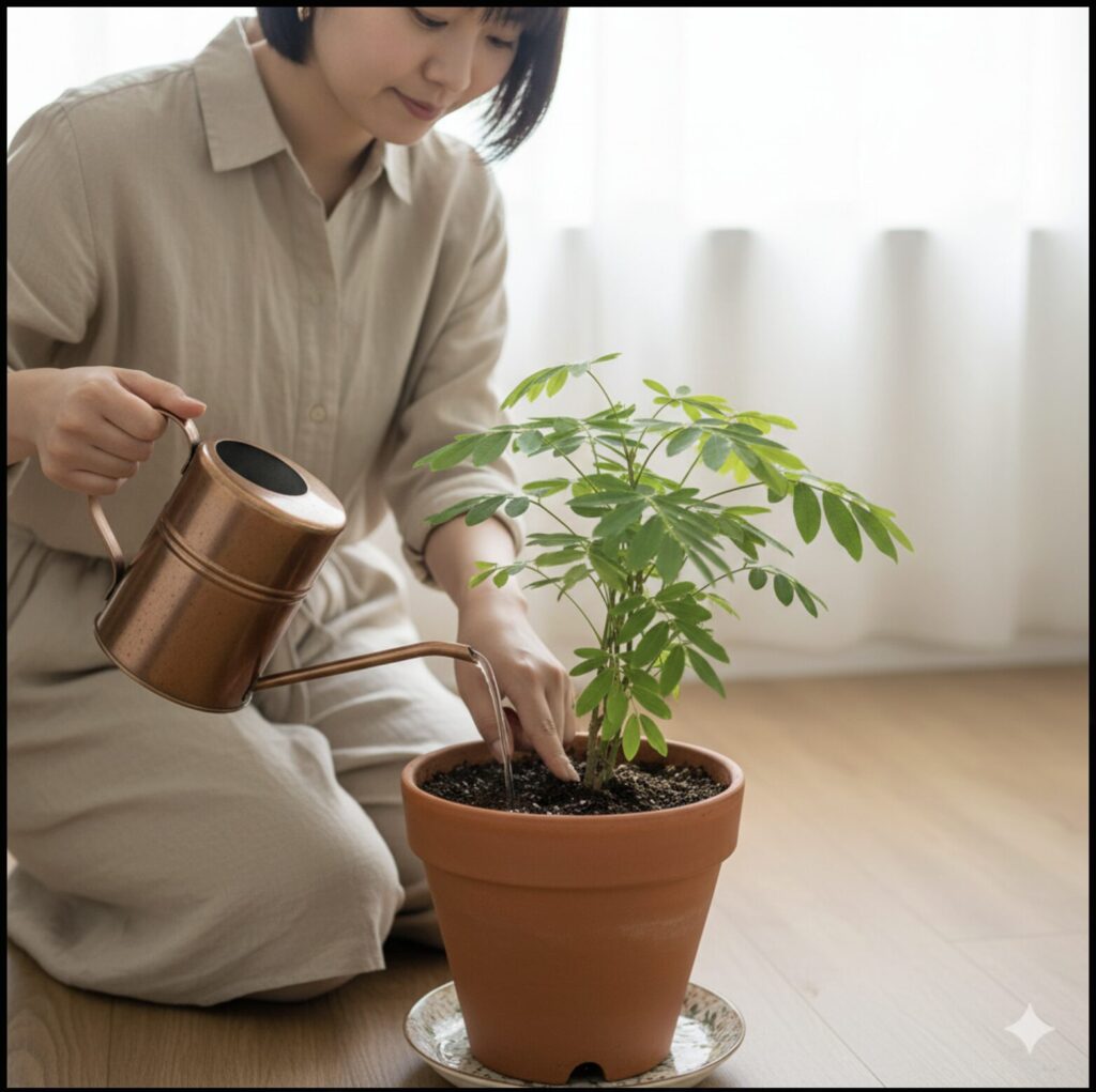 室内で日本人の若い女性が、テラコッタ鉢に植えられたエバーフレッシュに、銅製のジョウロで水を優しく与えている。女性は土の表面を指で確認している。