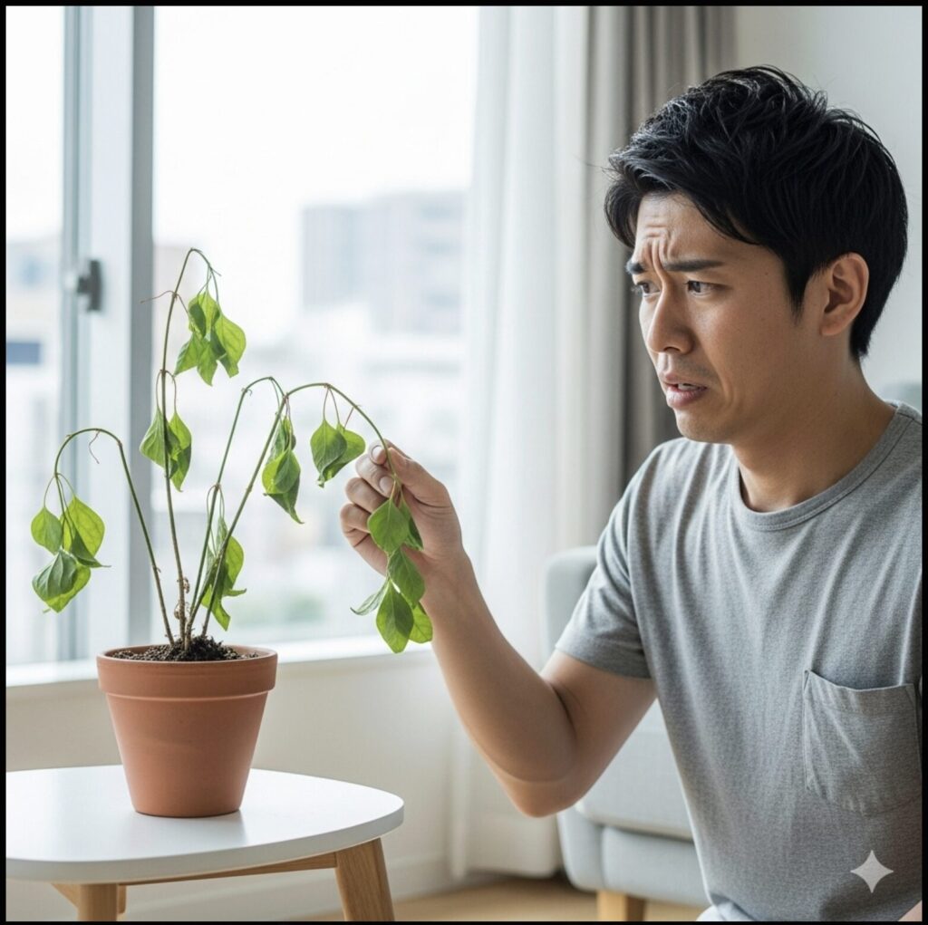 植え替えに失敗し、葉が力なく垂れ下がってしまったエバーフレッシュを心配そうに見つめるアジア人男性。