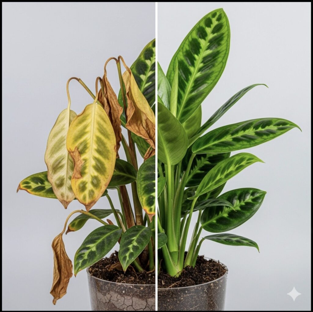 植え替えに失敗して萎れたエバーフレッシュと、見事に復活して青々と茂るエバーフレッシュを対比させた画像。