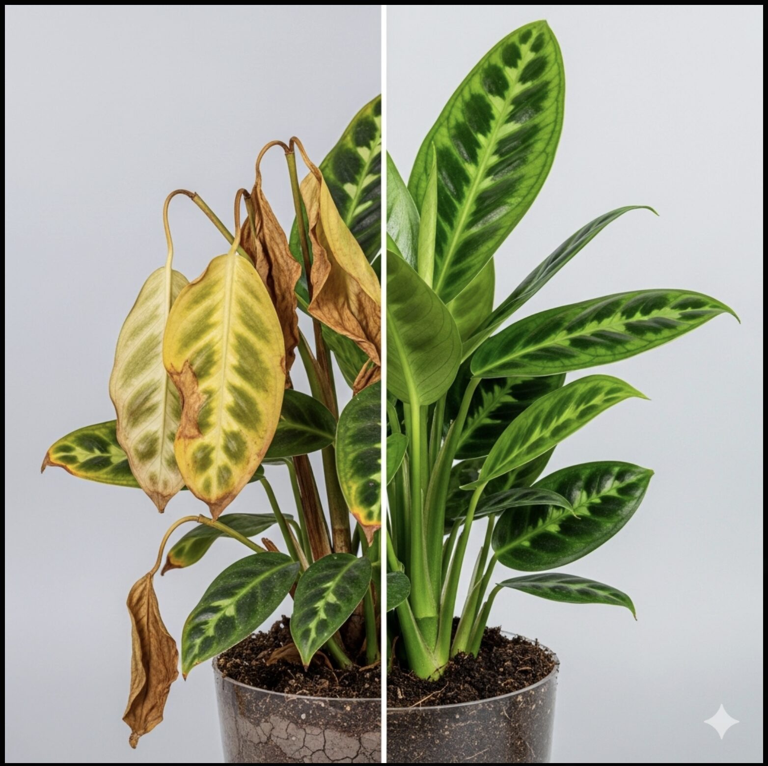 植え替えに失敗して萎れたエバーフレッシュと、見事に復活して青々と茂るエバーフレッシュを対比させた画像。