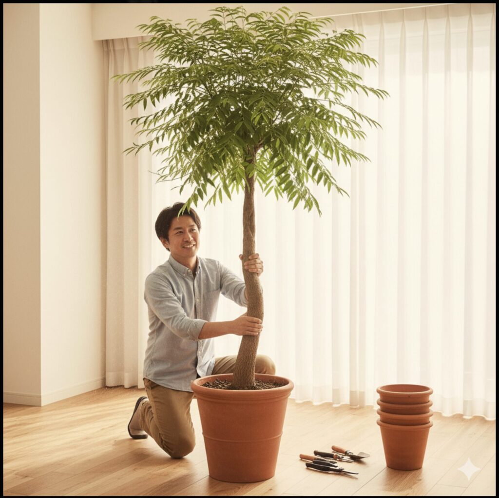 太くて力強い印象の幹にしがみつく日本人男性