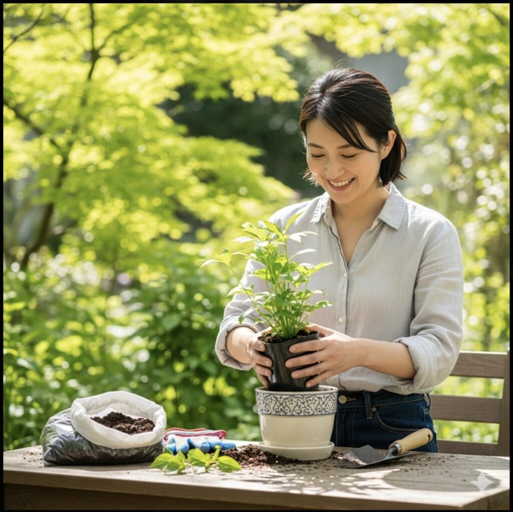 暖かく日当たりの良い春の日に、楽しそうにエバーフレッシュの植え替え作業をする笑顔のアジア人女性。