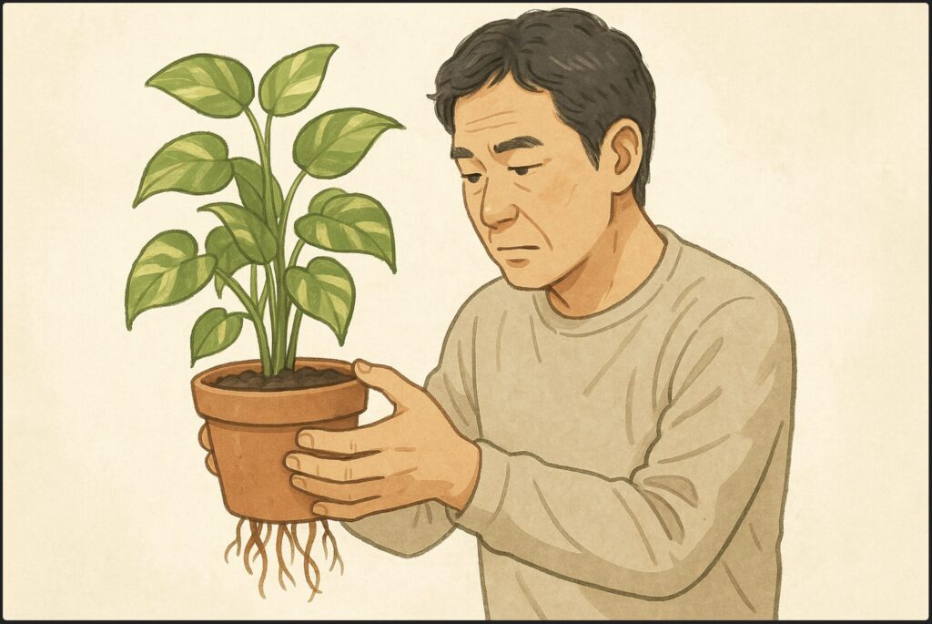 根がいっぱいで鉢底から出ているサイン