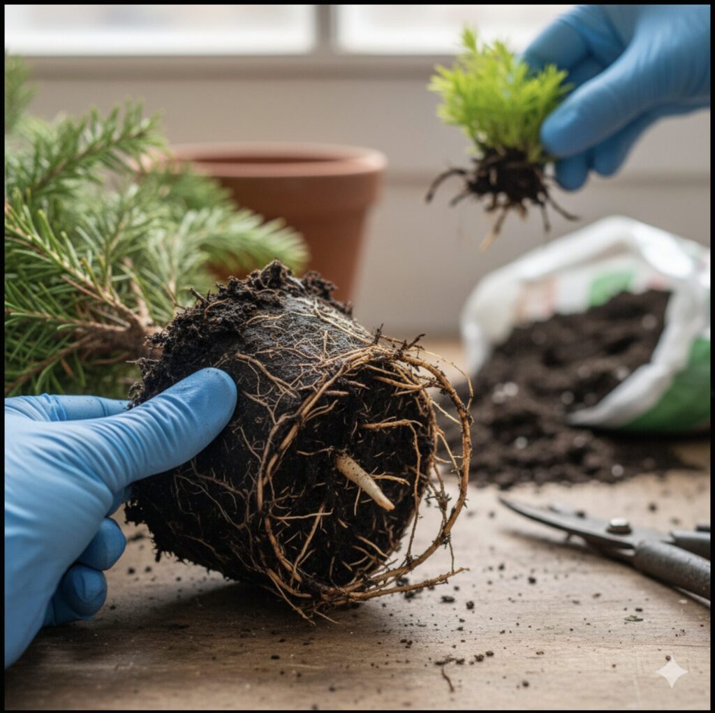 植え替え時に土を必要以上に洗い流し、根粒菌が失われたエバーフレッシュの根鉢。