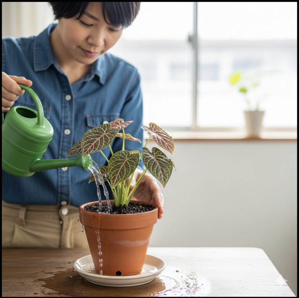 植え替え直後のエバーフレッシュに、鉢底から水が流れ出るまでたっぷりと水やりをしているアジア人女性。