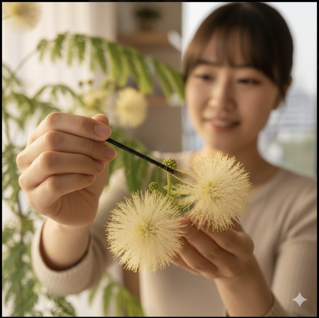明るい室内で、日本人の若い女性がエバーフレッシュの黄色い綿毛のような花に、黒い綿棒で優しく花粉を付けて人工受粉している様子。女性は笑顔で作業している。