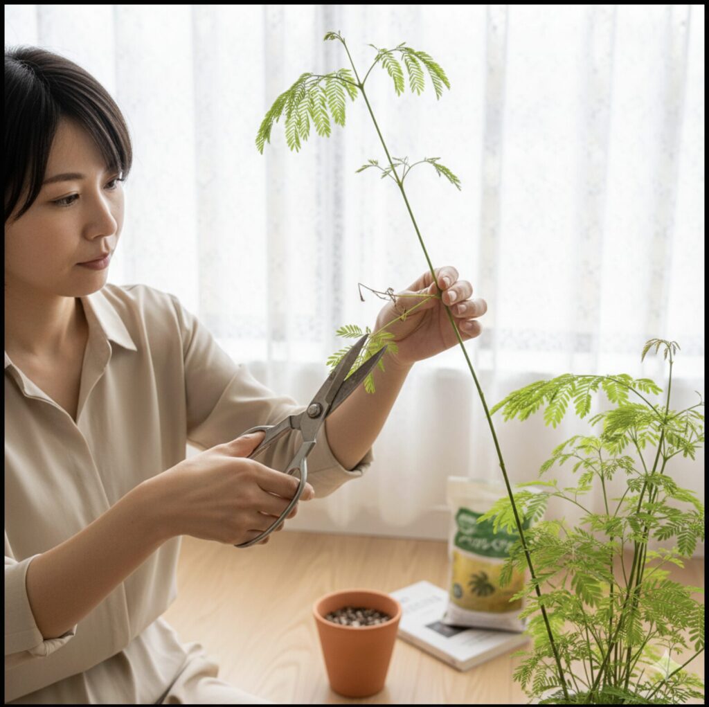 窓から光が差し込む部屋で、日本人の若い女性がエバーフレッシュの伸びすぎた枝を剪定バサミで丁寧に切り落としている。隣には肥料の袋や小さな鉢が見える。