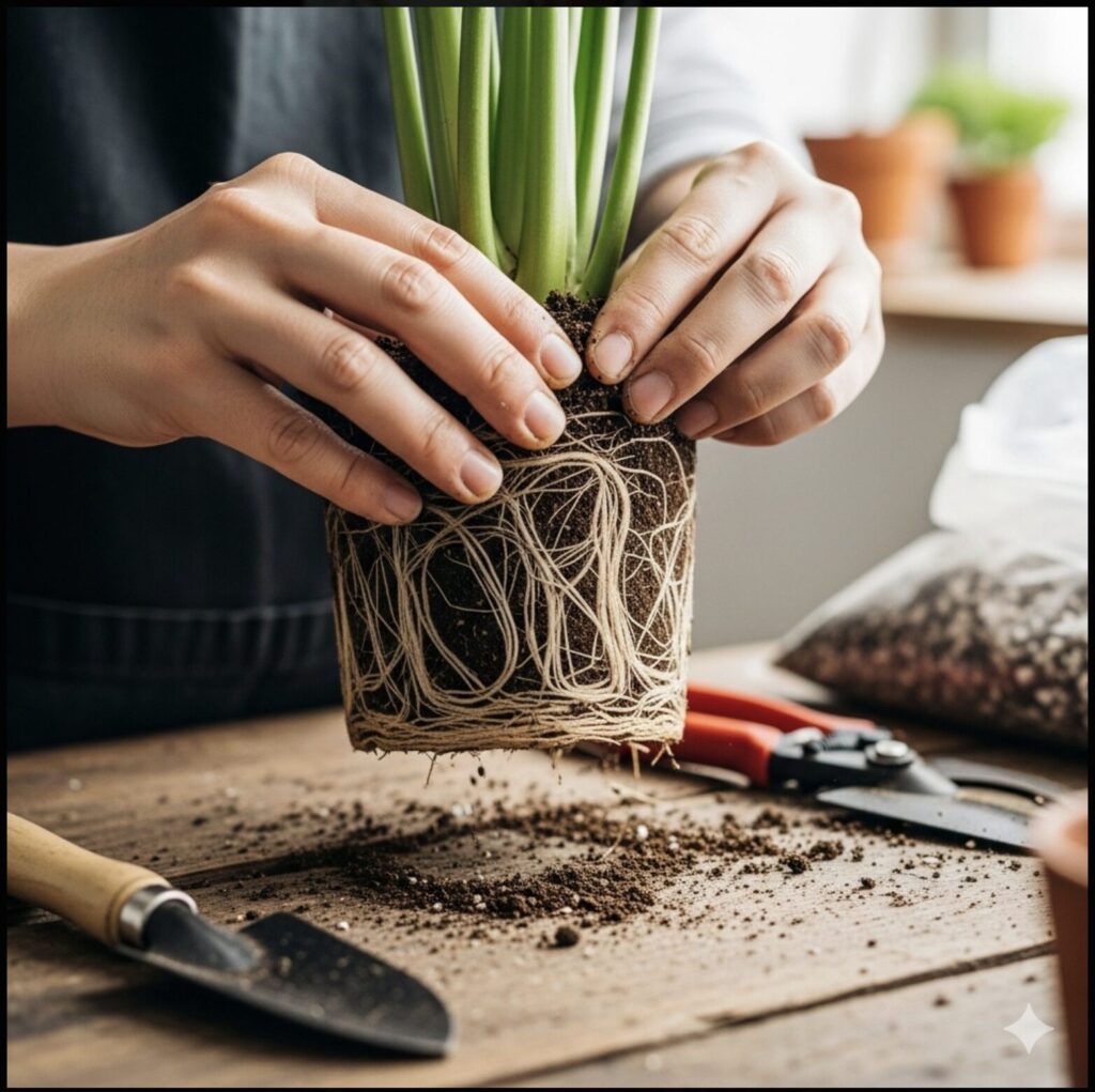エバーフレッシュの植え替えで、古い鉢の隣に置かれた一回りだけ大きい新しい鉢。適切な鉢のサイズ選びのイメージ