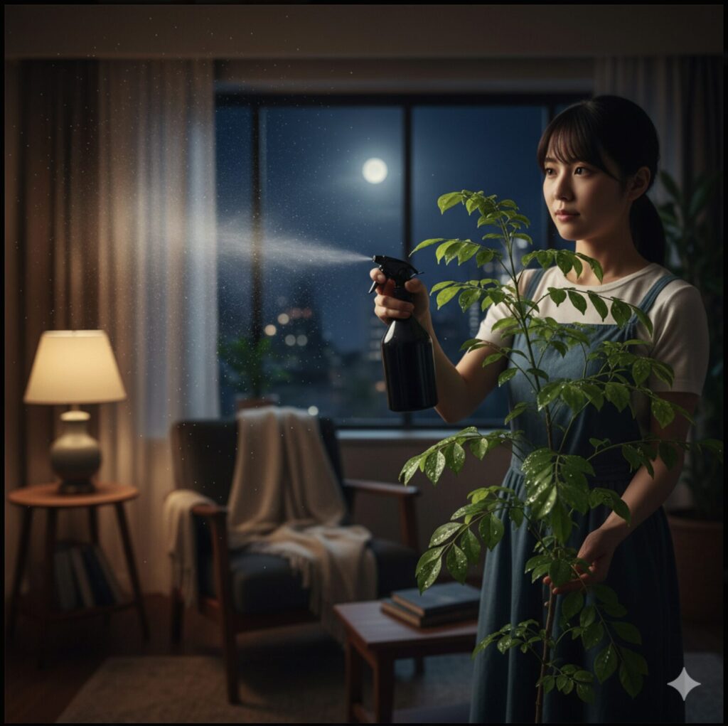 月明かりが差し込む夜の部屋で、エバーフレッシュに霧吹きで葉水を与えている日本人女性。