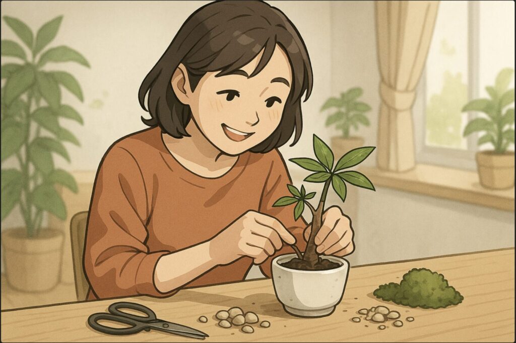 日本人女性が100均の小さなパキラ苗を手に取り、陶器鉢に植え替えている。机にはハサミや小石、苔が並び、楽しそうな表情で作業中。家庭的な雰囲気の明るい室内。