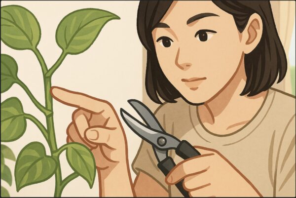 日本人女性がポトスの「節」を指差して確認しながら、ハサミを持っている。手元に焦点を合わせた構図で、節の部分がよく見える。明るい光に照らされた室内の近距離カット。