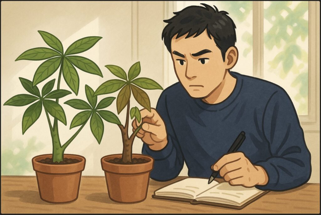 日本人男性が複数の鉢植えのパキラを並べ、幹や葉の色の違いを比較しながらメモを取っている。片方は健康な緑色、もう片方は茶色く変色しており、観察ノートとペンを持って真剣な表情。木漏れ日の入る明るい室内。