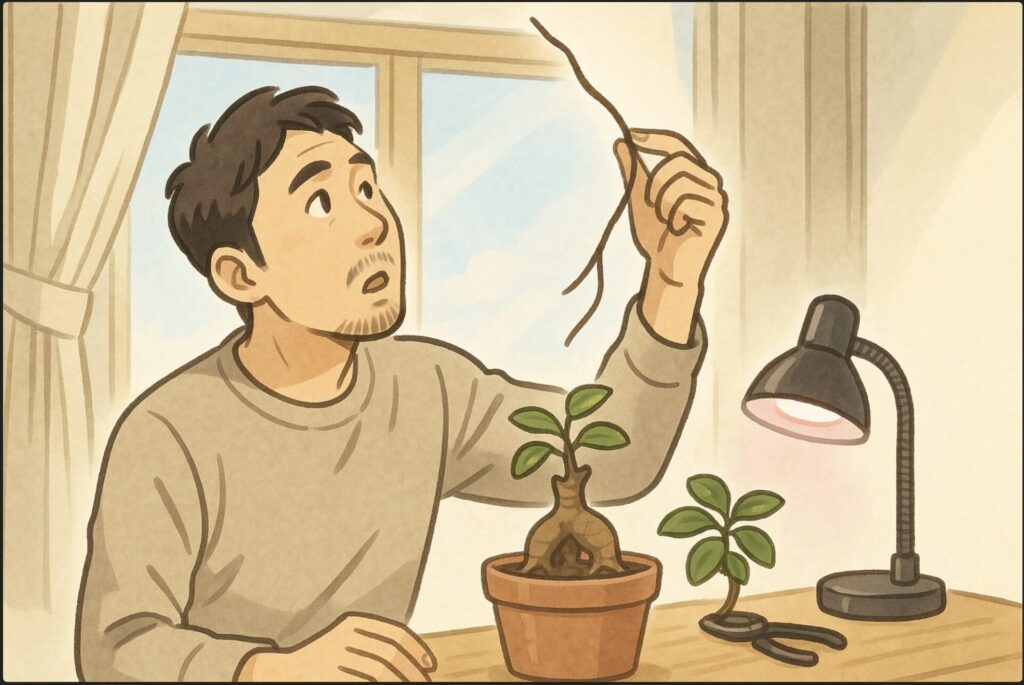 日本人男性が室内で、細長く徒長したガジュマルの枝を持ち上げて光の方向を確認している。背景は窓辺、柔らかい日差し、育成ライトが横に置かれている。