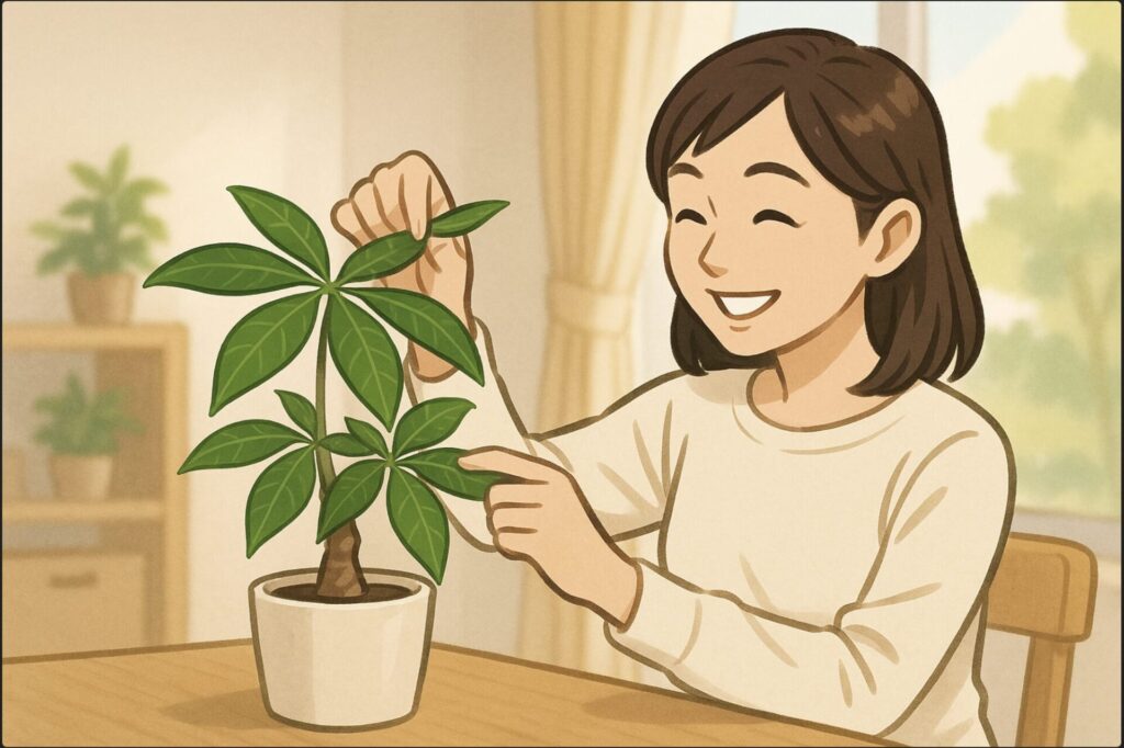 日本人女性が健康に育ったパキラの葉先を指で軽く摘み取り(摘心)、笑顔で手入れしている。明るく整った室内環境。日当たりの良い穏やかな雰囲気。