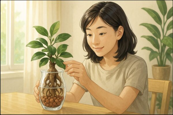 日本人女性が明るいリビングのテーブルで、透明なガラス容器に植えられたガジュマルのハイドロカルチャーを優しく手に取って観察している。背景に日差しの入る窓と観葉植物。