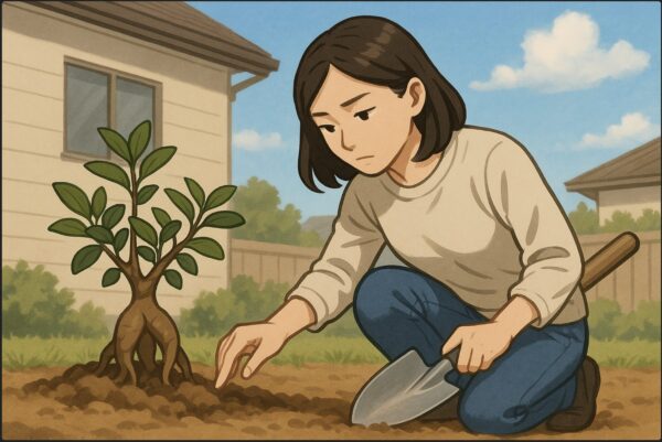 日本人女性が自宅の庭でガジュマルの苗木を前に、スコップを手に地面の土を確認している。背景には住宅の外壁と青空。慎重に判断しているような落ち着いた表情。