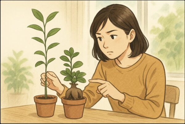 日本人女性が机の上の2つのガジュマル(1つは健康で、もう1つは徒長して細長い)を並べて、葉や枝の違いを観察している。自然光が差し込む明るい室内。