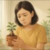 日本人女性が明るい室内で小さなガジュマルの鉢植えを手に取り、新芽が出ていない部分を心配そうに見つめている。窓際のやわらかい自然光が差し込み、背景には観葉植物が数点置かれている。