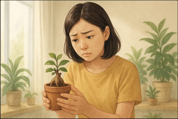 日本人女性が明るい室内で小さなガジュマルの鉢植えを手に取り、新芽が出ていない部分を心配そうに見つめている。窓際のやわらかい自然光が差し込み、背景には観葉植物が数点置かれている。