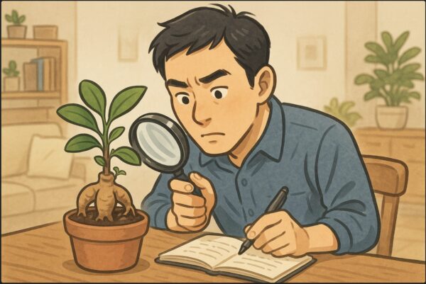 日本人男性が机の上に置いたガジュマルの鉢を前に、ノートを開いて原因をメモしながら、虫眼鏡で新芽や土の様子を観察している。背景はナチュラルなインテリアのリビング。