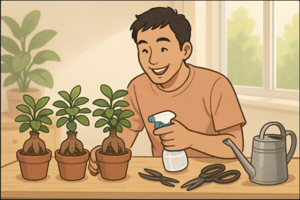 日本人男性が机の上に置いた数鉢のガジュマルを並べ、霧吹き・剪定ばさみ・ジョウロなどの道具を揃えて管理している。明るい室内で楽しそうに手入れをしている姿。