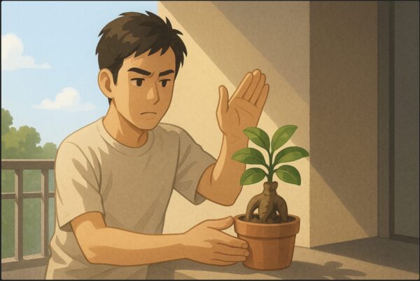 日本人男性が屋外のベランダで、半日陰と直射日光の境にガジュマルの鉢を置き、手で光の当たり具合を確かめている。日差しと影のコントラストがはっきりした構図。