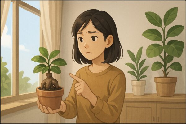 室内の明るい窓辺で、日本人女性が小さなガジュマルの鉢を手に取り、窓際と部屋の奥を見比べながら置き場所を悩んでいる様子。柔らかな自然光、観葉植物が並ぶ穏やかな空間。