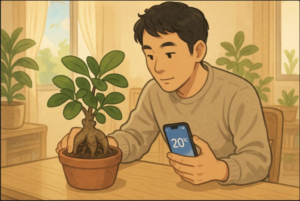 日本人男性が室内のテーブルの上で、ガジュマルの鉢を前に、スマートフォンの気温アプリを見ながら鉢の位置を調整している。背景に日光の入る窓と観葉植物のある部屋。