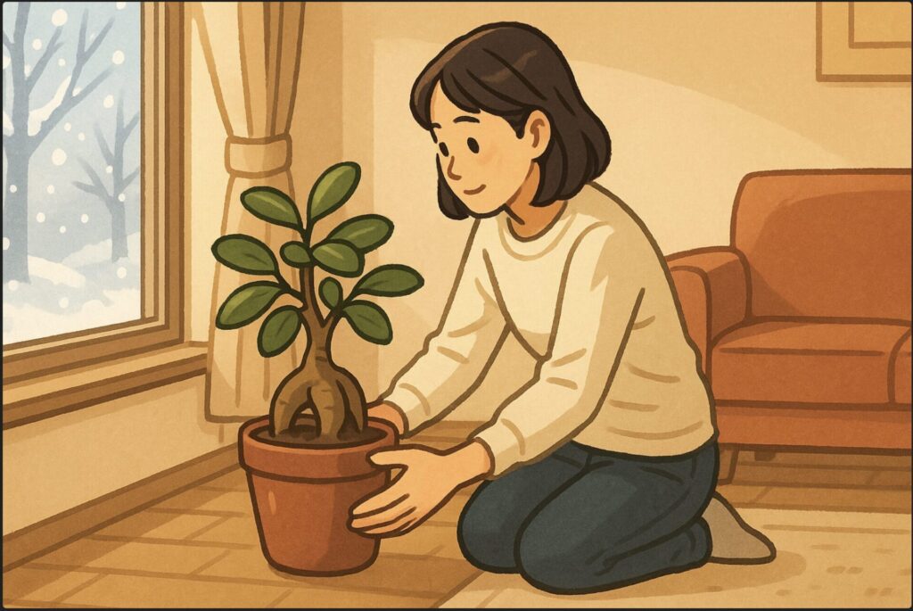 日本人女性が寒い冬の室内で、窓際からガジュマルの鉢を部屋の中央へ移動させている。外には雪が降っており、暖房の入った部屋の暖かい雰囲気。