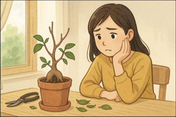 日本人女性が室内の明るい窓辺で、スカスカになったガジュマルの鉢を前に不安そうに見つめている。テーブルの上には剪定バサミと落ちた葉。背景に柔らかな自然光。