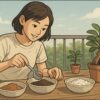 日本人女性がベランダで、数種類の用土（赤玉土・腐葉土・パーライト）を並べ、計量スプーンで比率を測りながら混ぜている。背景には小さなガジュマルの鉢。自然光、ナチュラルな雰囲気。