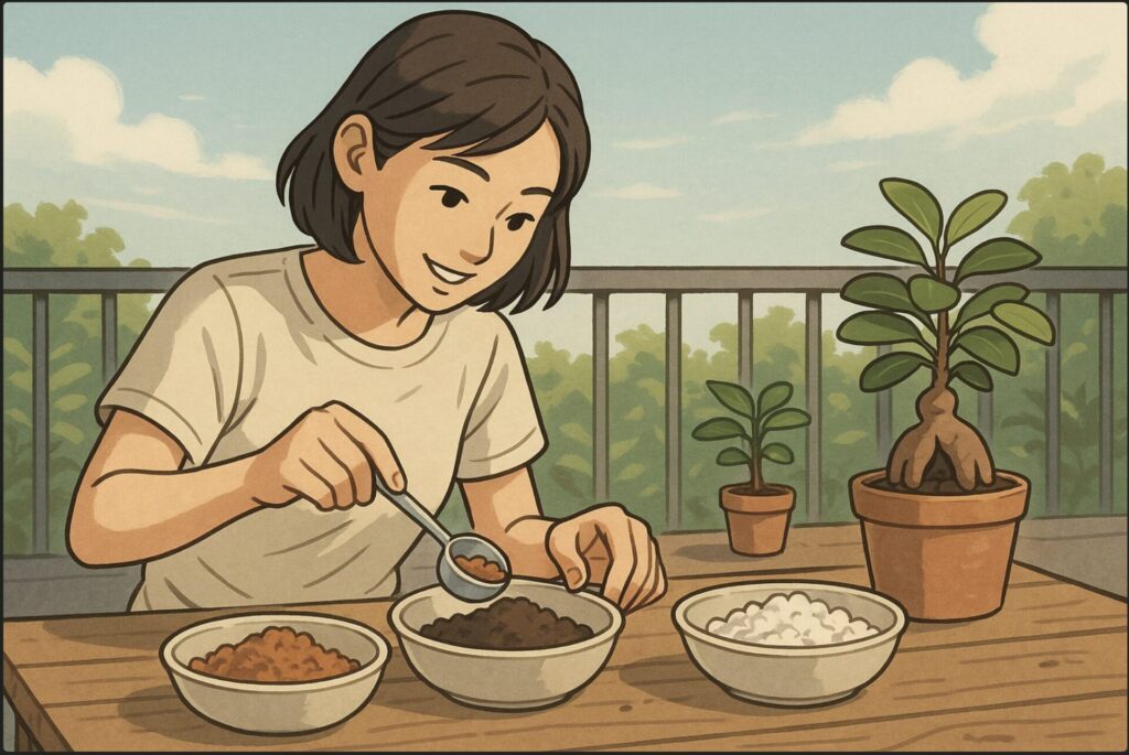 日本人女性がベランダで、数種類の用土（赤玉土・腐葉土・パーライト）を並べ、計量スプーンで比率を測りながら混ぜている。背景には小さなガジュマルの鉢。自然光、ナチュラルな雰囲気。