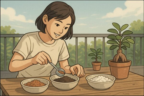 日本人女性がベランダで、数種類の用土（赤玉土・腐葉土・パーライト）を並べ、計量スプーンで比率を測りながら混ぜている。背景には小さなガジュマルの鉢。自然光、ナチュラルな雰囲気。