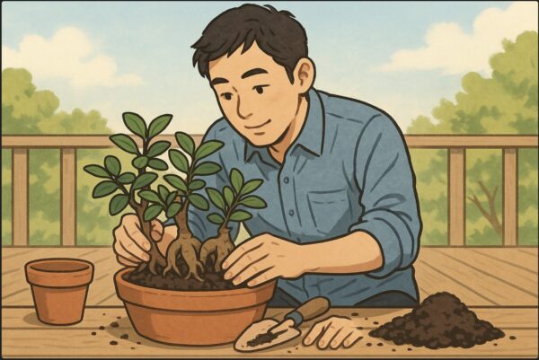 日本人男性がウッドデッキで鉢に複数のガジュマルを寄せ植えしている。バランスを見ながら苗を配置し、土を少しずつ入れて整えている手元の動き。春の日差しが柔らかく差し込む屋外。