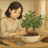 日本人女性が明るいリビングで複数のガジュマルをおしゃれな陶器鉢に寄せ植えしている。テーブルの上に園芸ハサミやスコップ、観葉植物用の土が並び、植物を丁寧に配置する動作。背景にナチュラルインテリア。