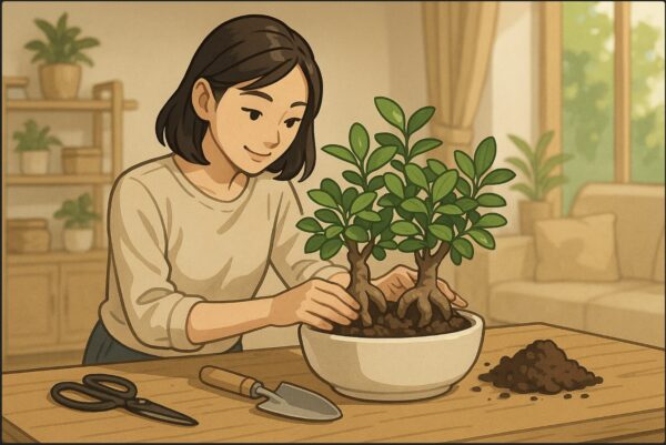 日本人女性が明るいリビングで複数のガジュマルをおしゃれな陶器鉢に寄せ植えしている。テーブルの上に園芸ハサミやスコップ、観葉植物用の土が並び、植物を丁寧に配置する動作。背景にナチュラルインテリア。
