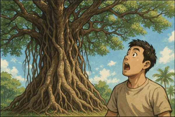 屋外の南国風景の中で、日本人男性が巨大なガジュマルの木を見上げて驚いた表情をしている。太い幹と気根が印象的で、青空と木漏れ日が差し込む。