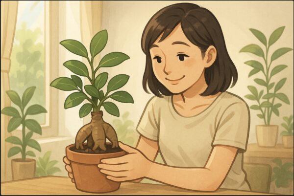 室内の明るい窓辺で、日本人女性が鉢植えのガジュマルを優しく手で支えながら微笑んでいる。背景には自然光が入り、観葉植物がいくつか並ぶ穏やかな空間。