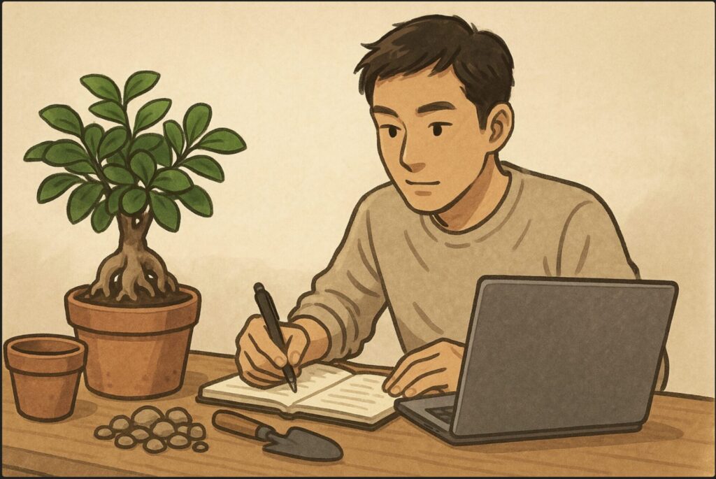 日本人男性がガジュマルの鉢を前にして、ノートパソコンで植え替え情報を確認しながらメモを取っている。机の上に小さな鉢やスコップ、鉢底石などが並ぶ。落ち着いた学びのシーン。